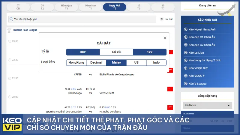 Cập nhật chi tiết thẻ phạt, phạt góc và các chỉ số chuyên môn của trận đấu